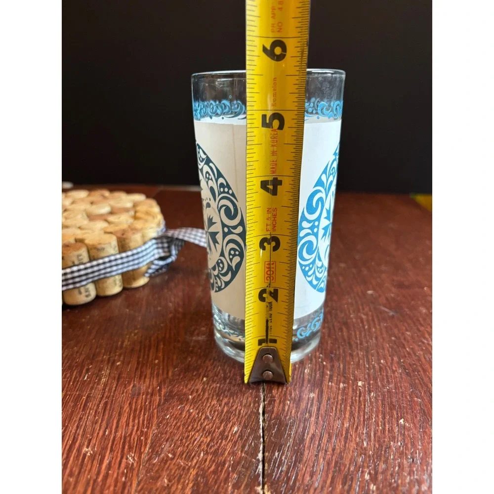 Vintage Frosted Blue Floral Medallion Drinking Glass Tumbler Mid Century Modern